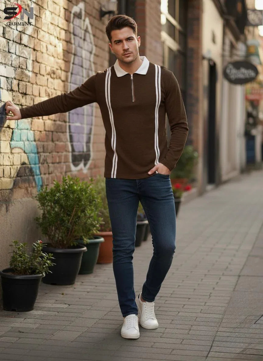 AB Denim Stripe Zipper Sweatshirt – Trendy Fleece Hoodie for Men